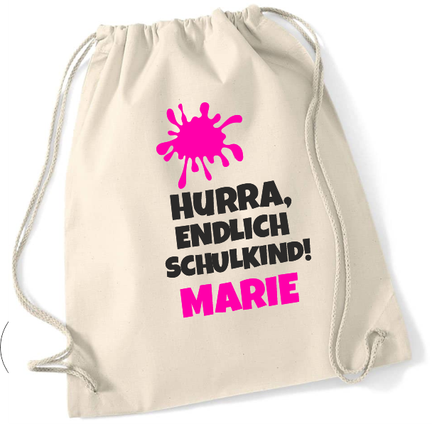 Hurra endlich Schulkind Turnbeutel mit Namen naturfarben pink